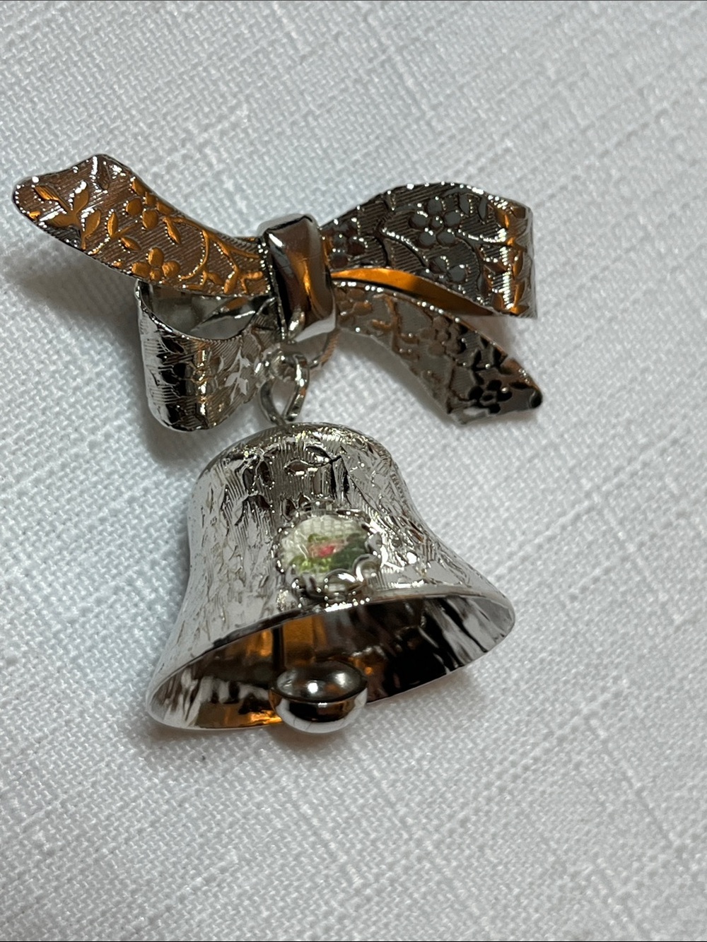 Vintage Silver Bell Bow Brooch - petit point flower